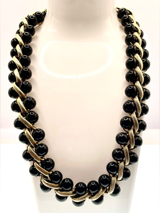 Vintage Jewelry - Vintage Monet Black Bead Gold Tone Necklace Statement Chain Strung Signed 1980s